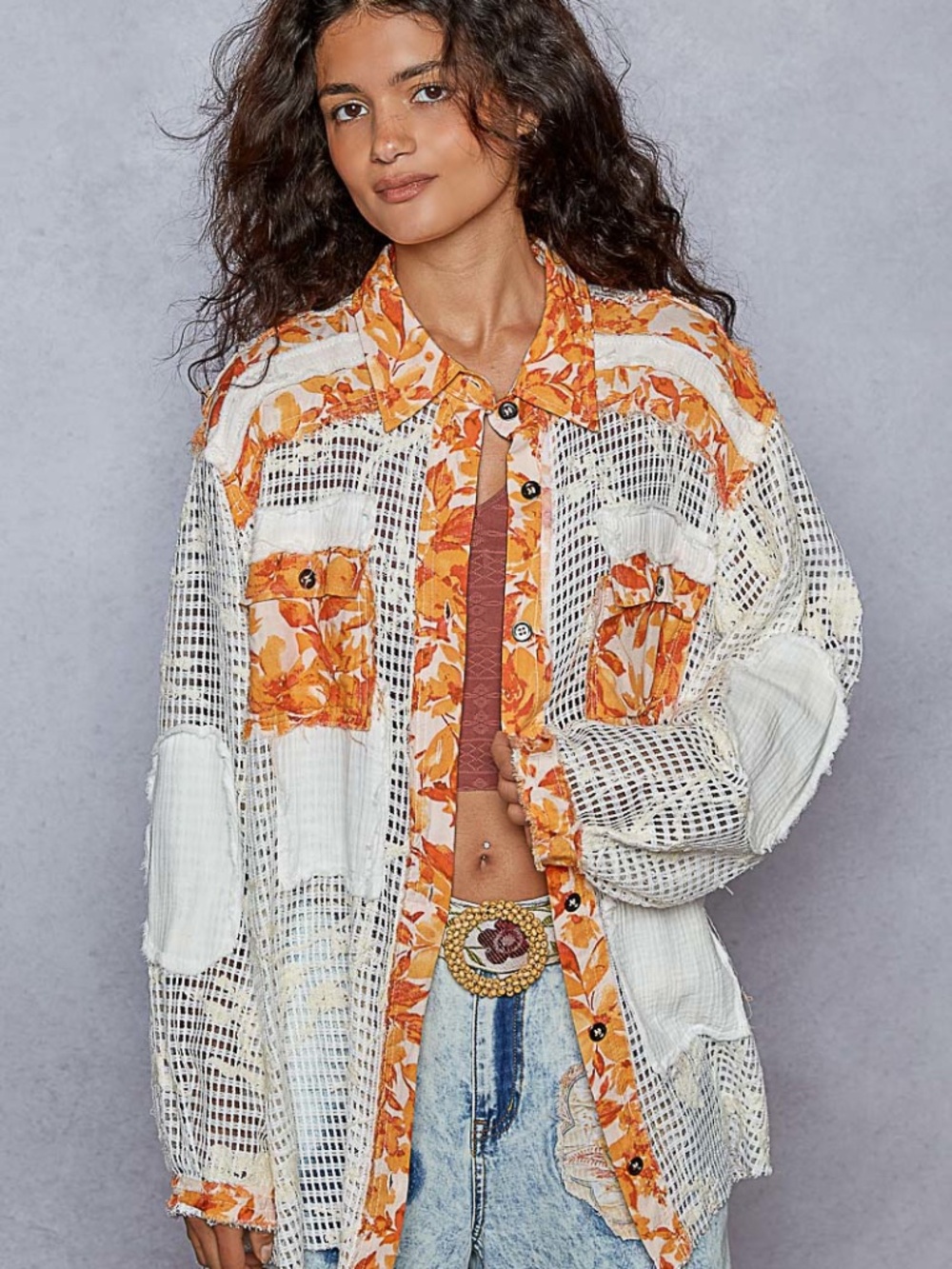 POL Patchwork Crochet Lace Button Down Shirt Jacket Boho Oversized